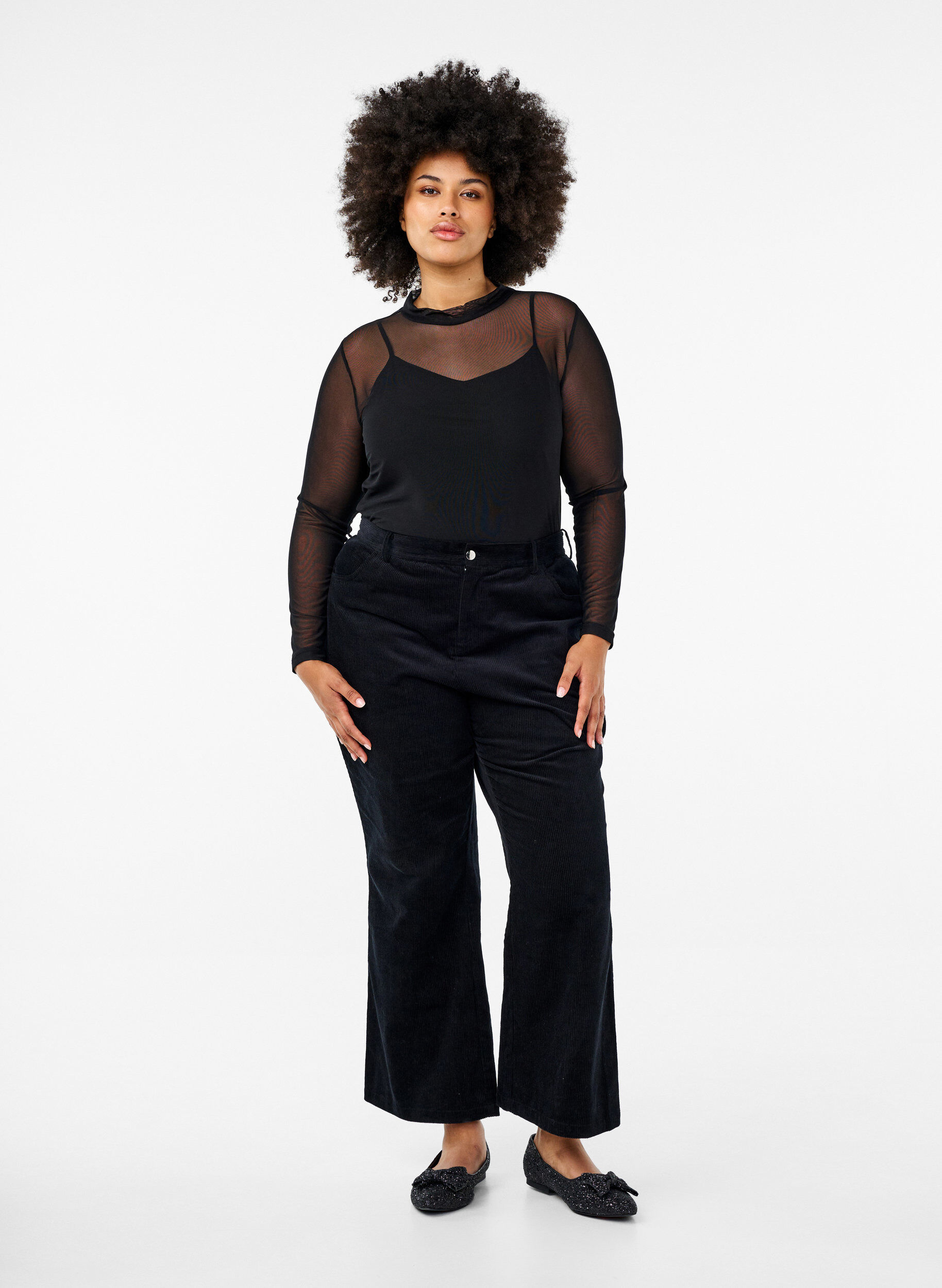 ZizziGetailleerde blouse van mesh met lange mouwen, Zwart, Model image number 1