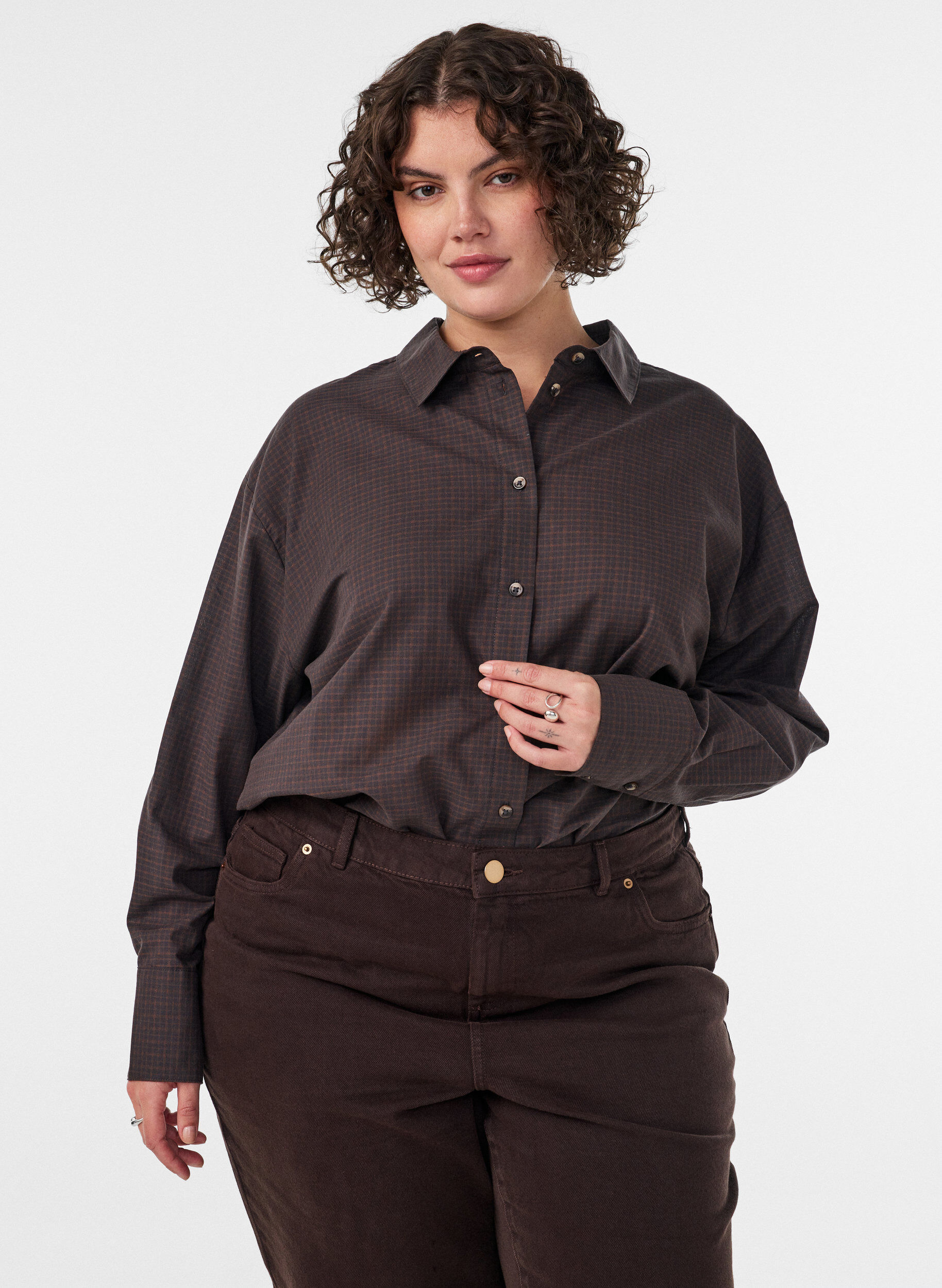 Katoenen overhemd met ruitpatroon, Bruin, Model
