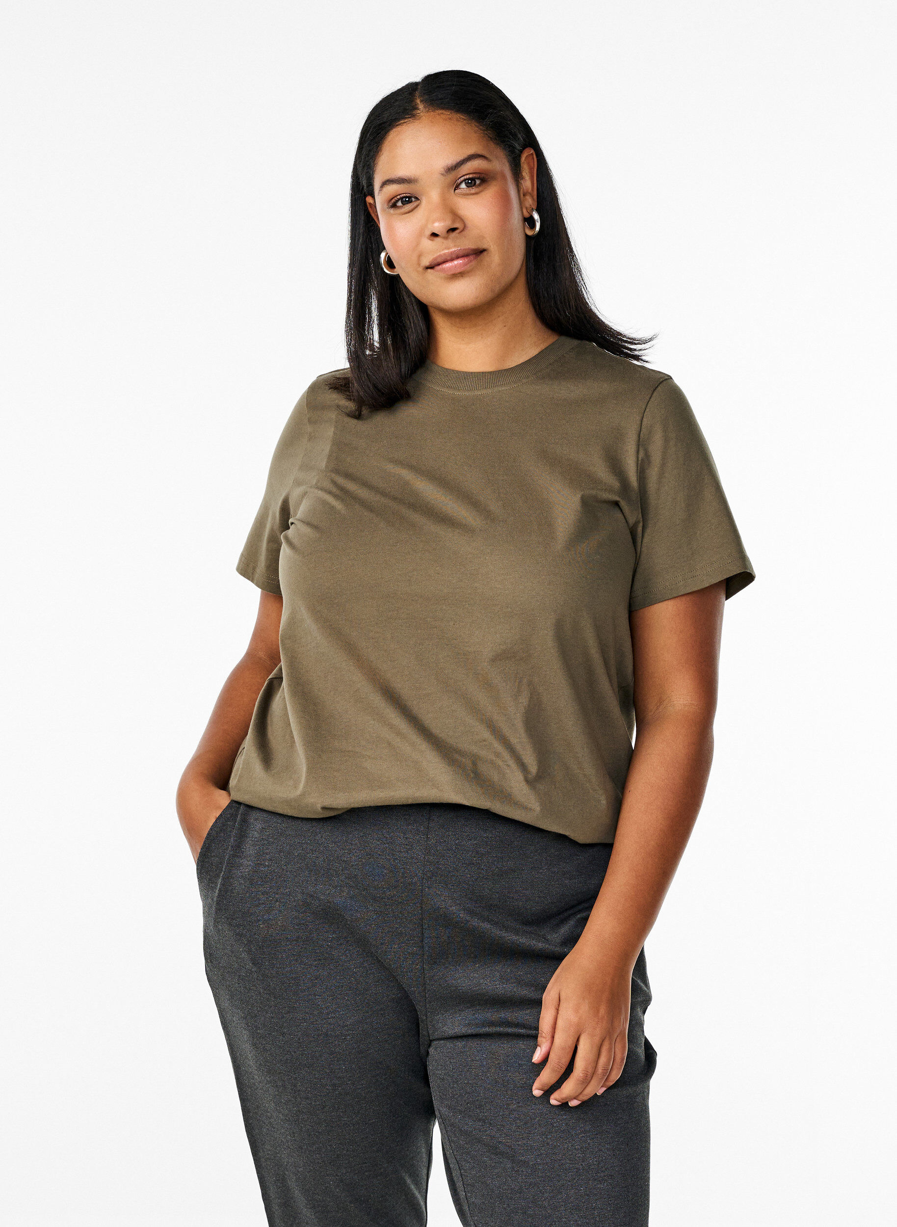ZizziBasic katoenen T-shirt met ronde hals, Groen, Model image number 0