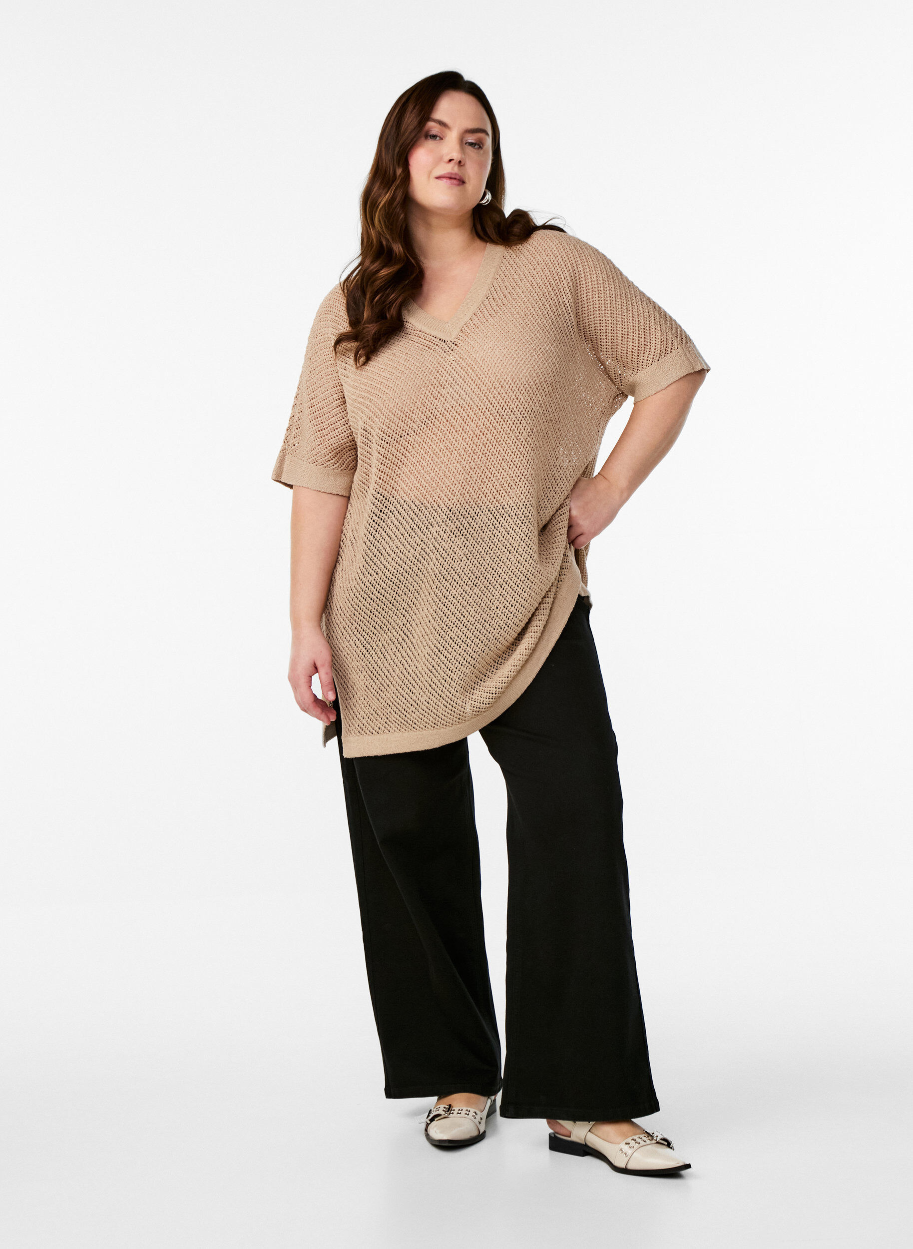ZizziFLASH - Gebreide blouse met korte mouwen en V-hals, Beige, Model image number 1