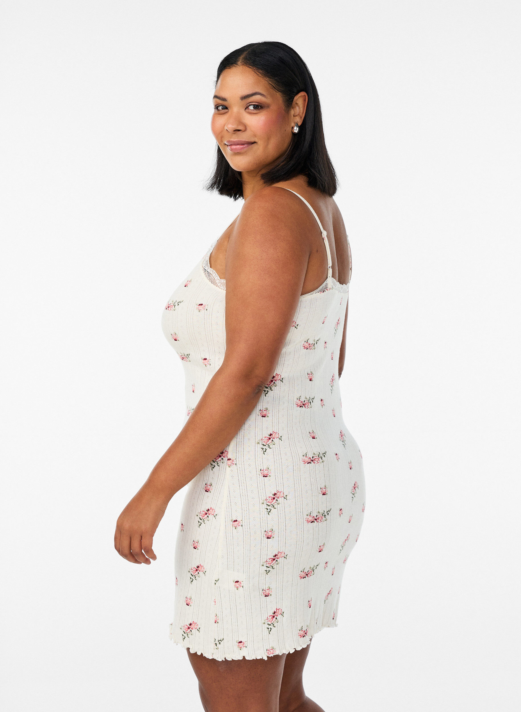 ZizziNachthemd met dunne bandjes en een gestructureerd patroon, Vanille, Model image number 2