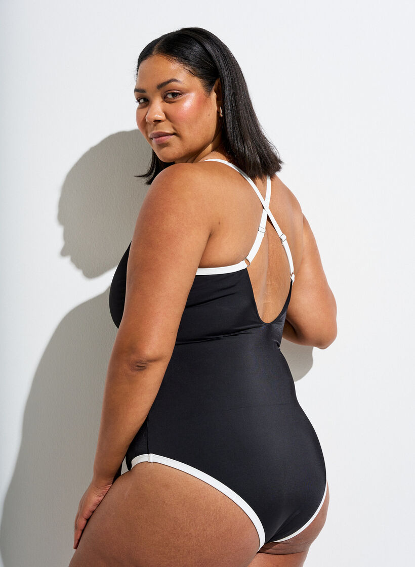 Maillot de bain de sport avec ganse contrastante et bretelles crois&eacute;es, Noir, Model image number 1