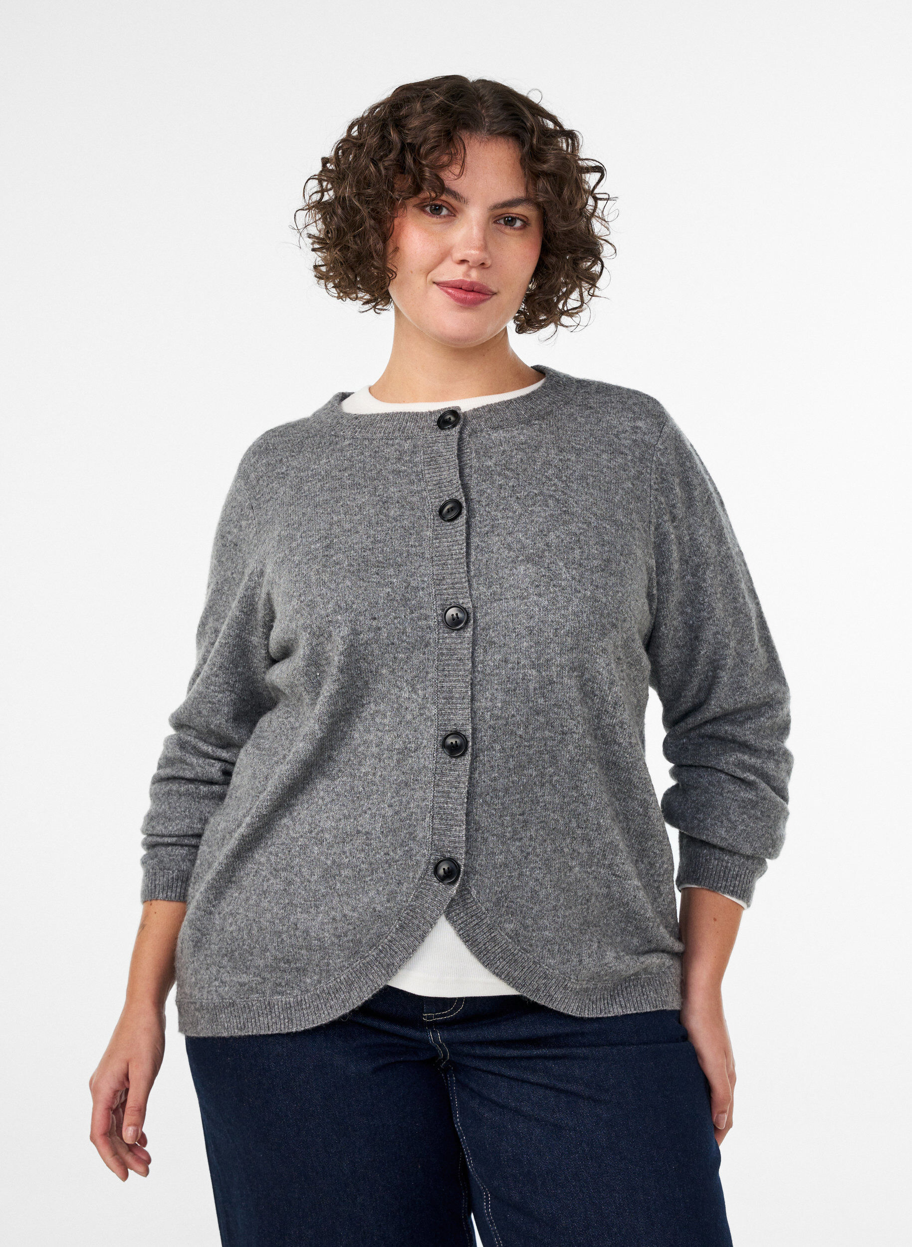 Cardigan met knopen en een ronde voorkant, Grijs, Model