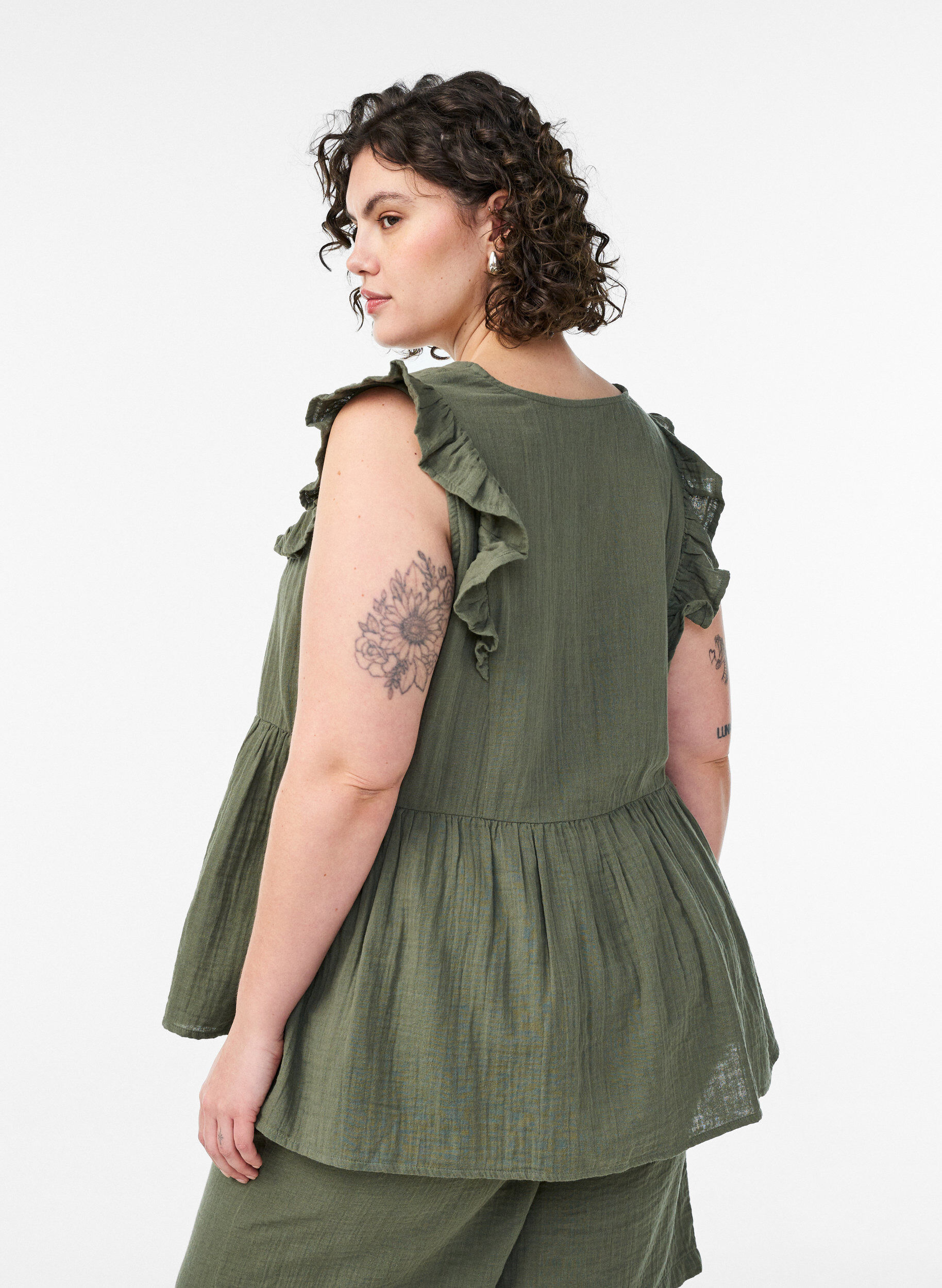 ZizziMouwloze blouse van katoen mousseline met ruches, Groen, Model image number 2