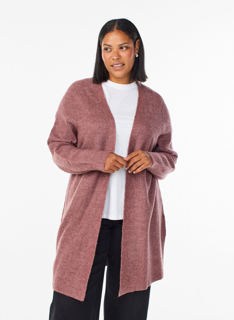 FLASH - Lange ribgebreide cardigan met open voorkant, Roze, Model image number 0