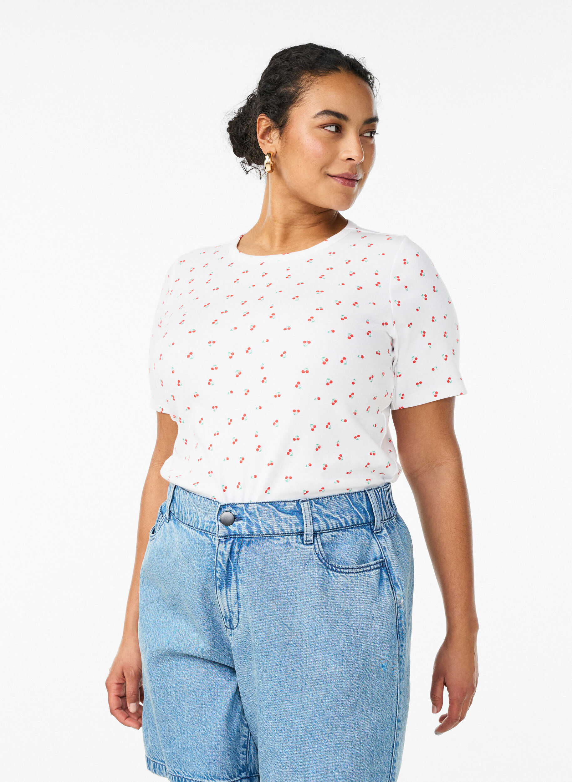 Katoenen T-shirt met all-over print, Vanille, Model