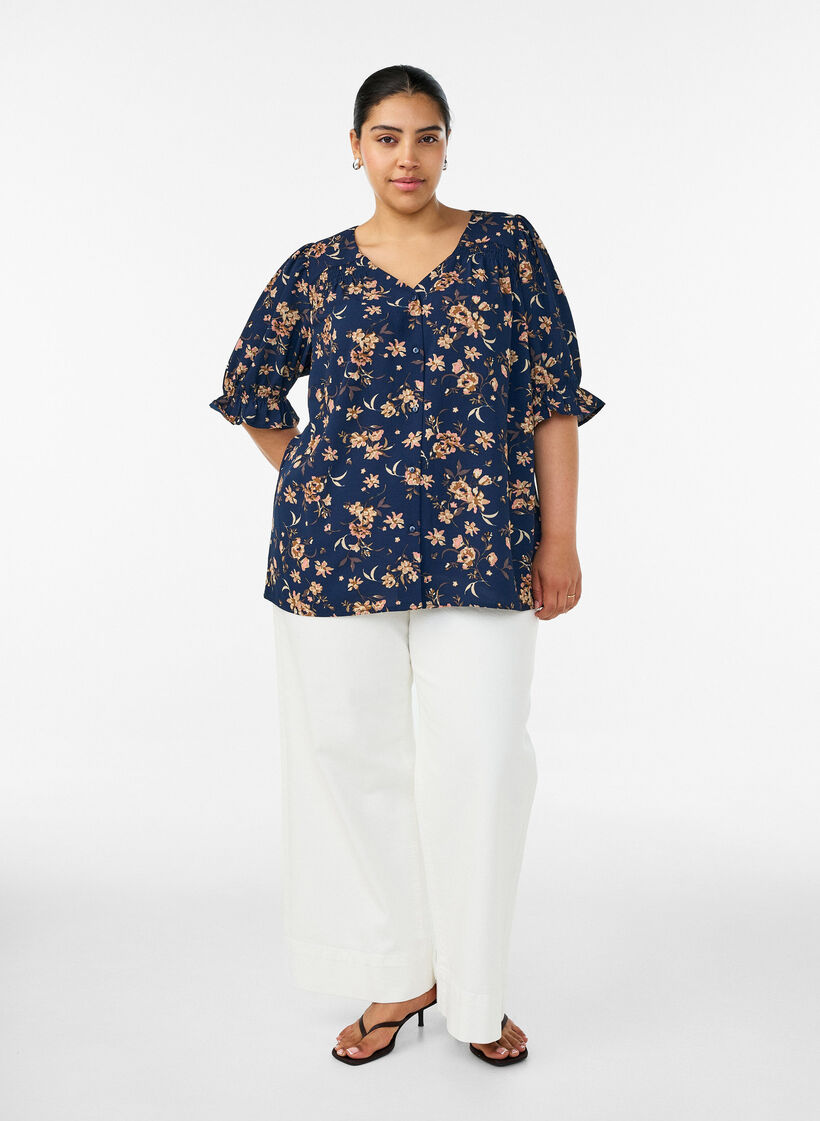 Shirtblouse met 1/2 mouwen, Blauw, Model image number 1