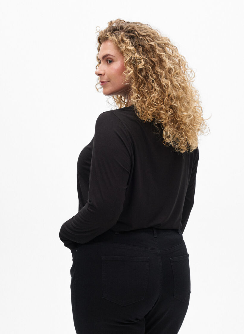 Blouse met lange mouwen in een effen kleur, Zwart, Model image number 2