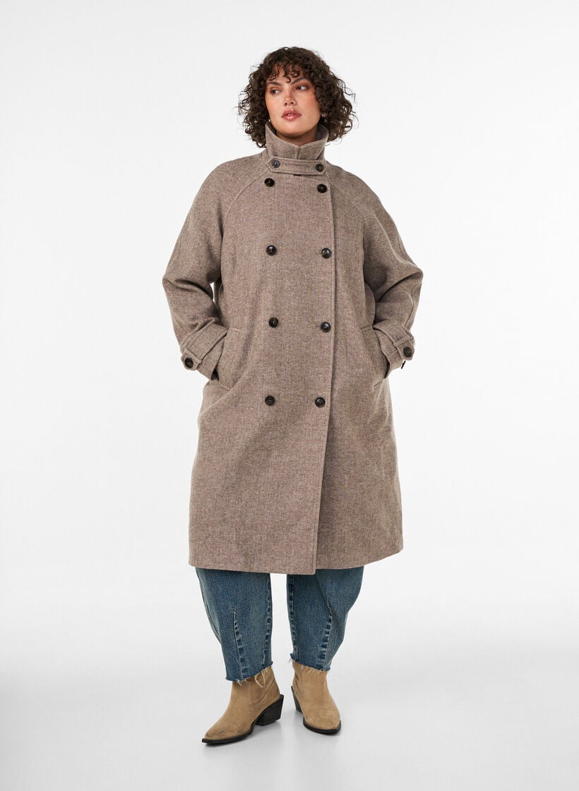Lange wollen jas met hoge kraag en dubbelzijdig knoopontwerp, Bruin, Model image number 0