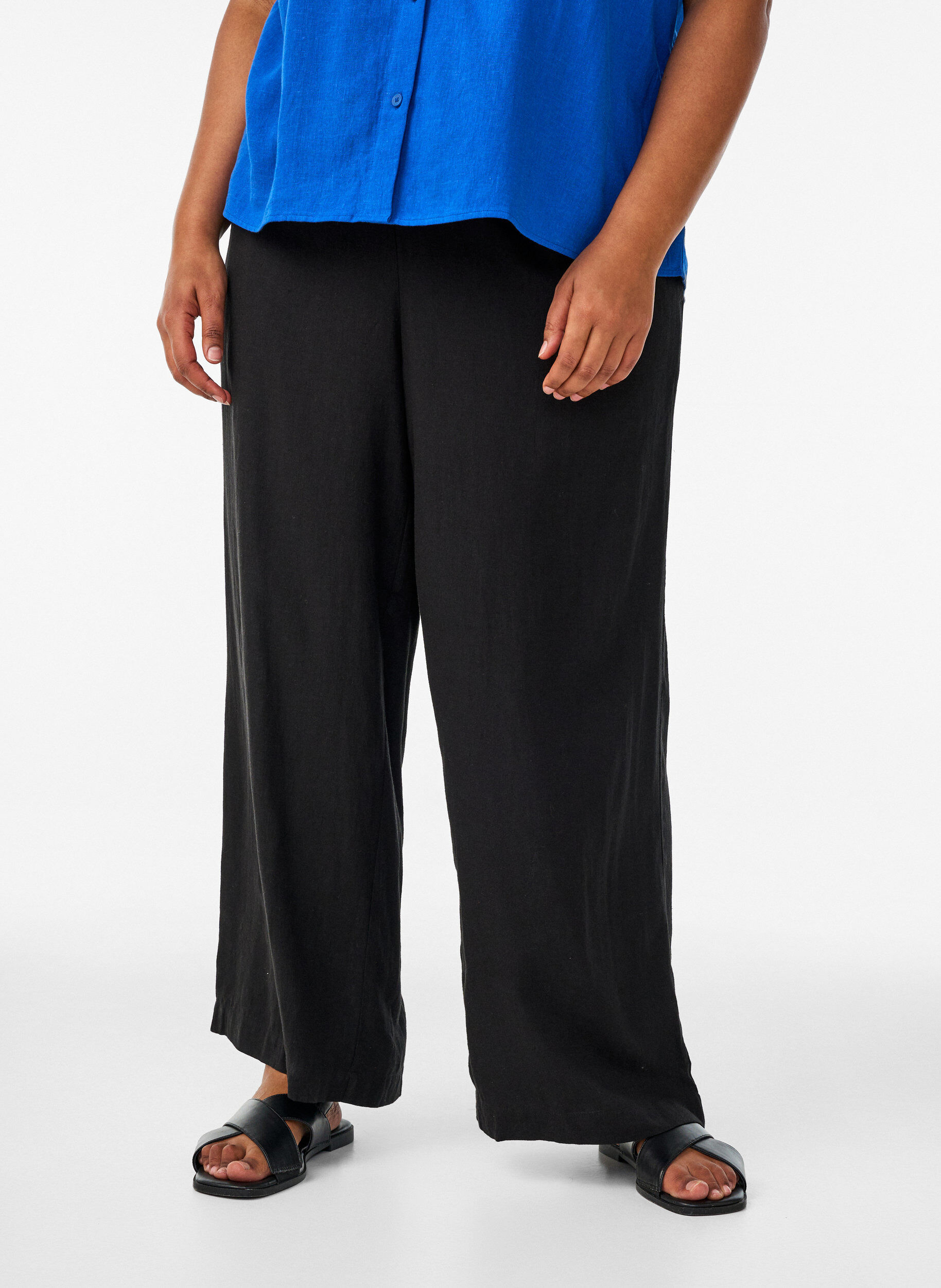 ZizziWijde linnen en viscose broek, Zwart, Model image number 2