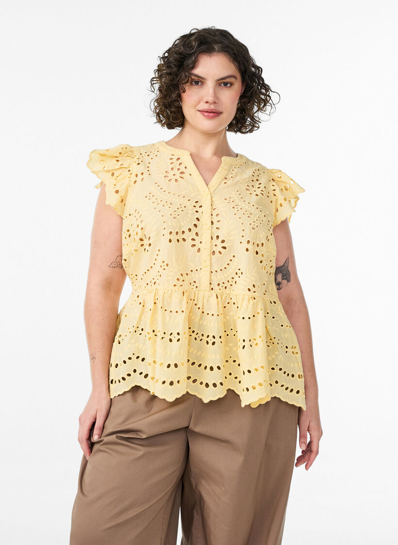 Blouse sans manches en broderie anglaise avec volants, Jaune clair, Model image number 0