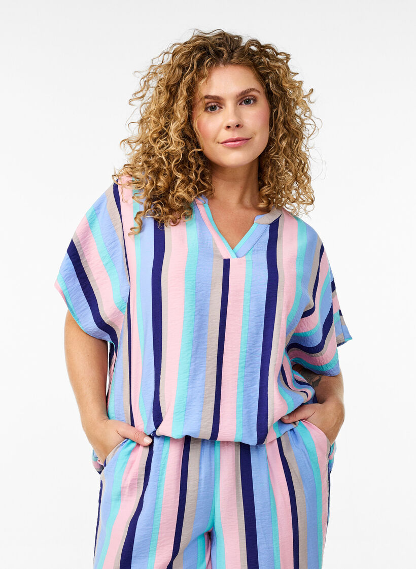 Blouse van viscose met strepen en korte mouwen, Pastel Stripe, Model