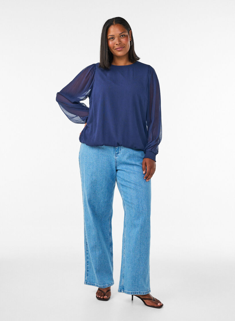 Chiffonblouse met doorschijnende mouwen, Blauw, Model image number 1