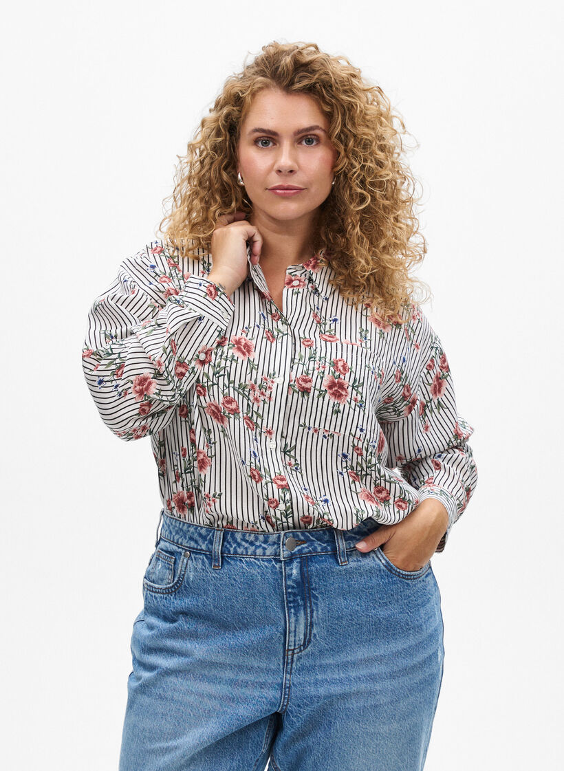 Shirt met bloemenprint en smalle strepen, Black Striped AOP, Model