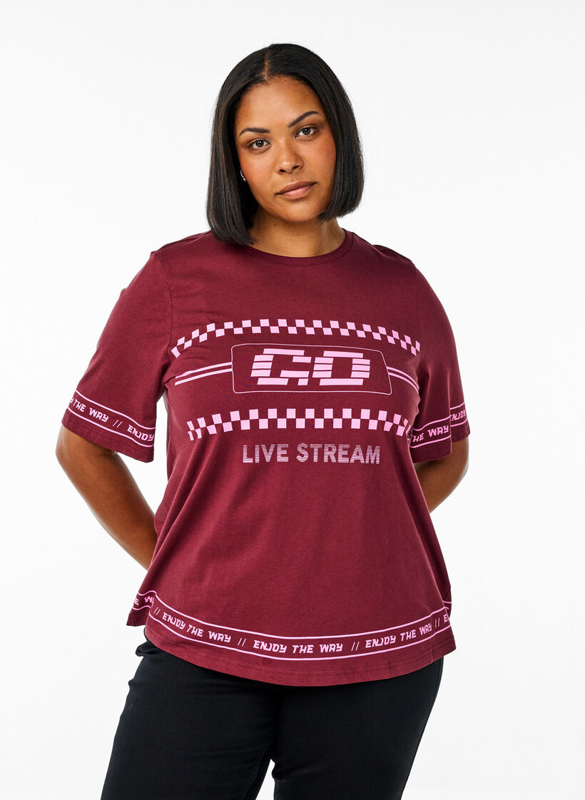 Oversized T-shirt met sportieve print, Donker Bordeaux, Model image number 0