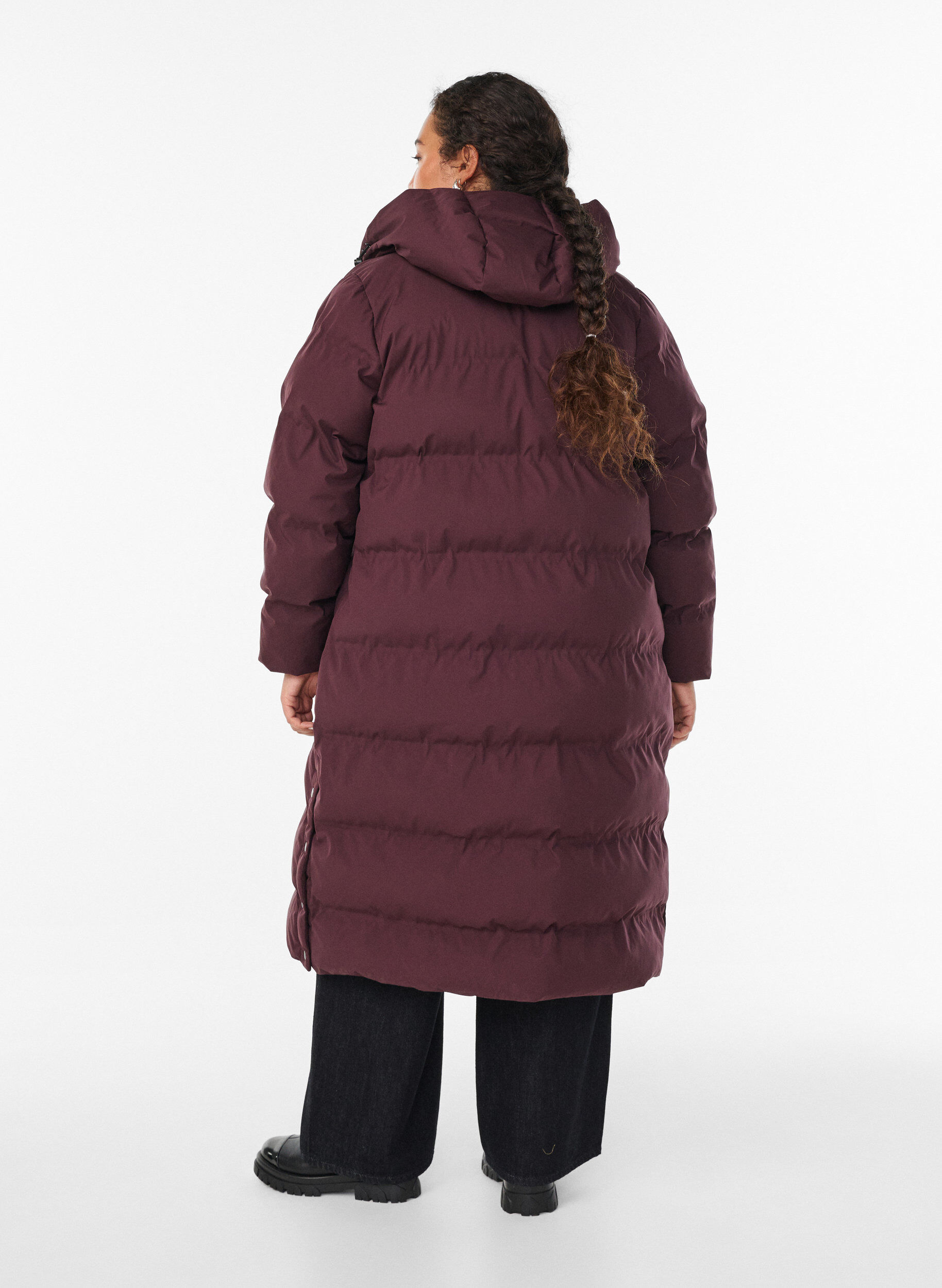 ZizziLange puffer winterjas met capuchon, Donker Bordeaux, Model image number 1