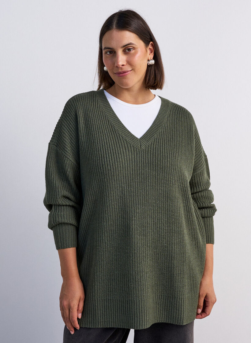 Lange ribgebreide blouse met V-hals, Groen, Model image number 0