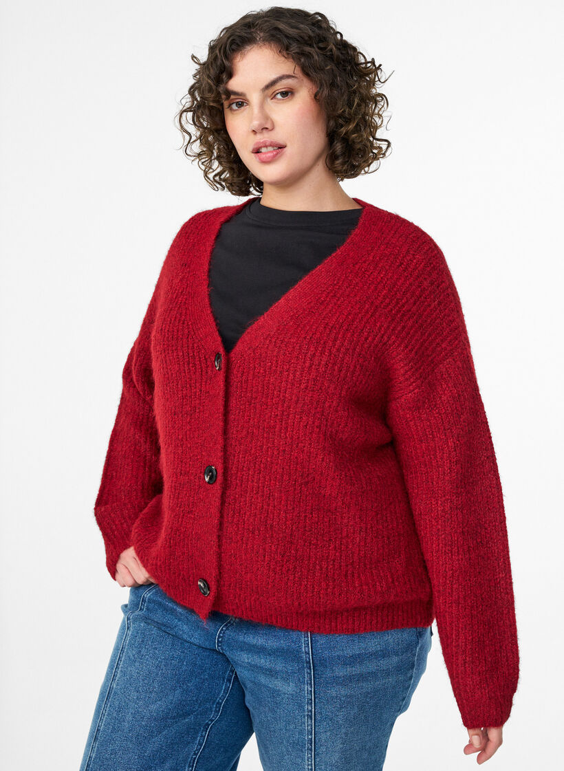V-hals cardigan van breisel, Rood, Model image number 0