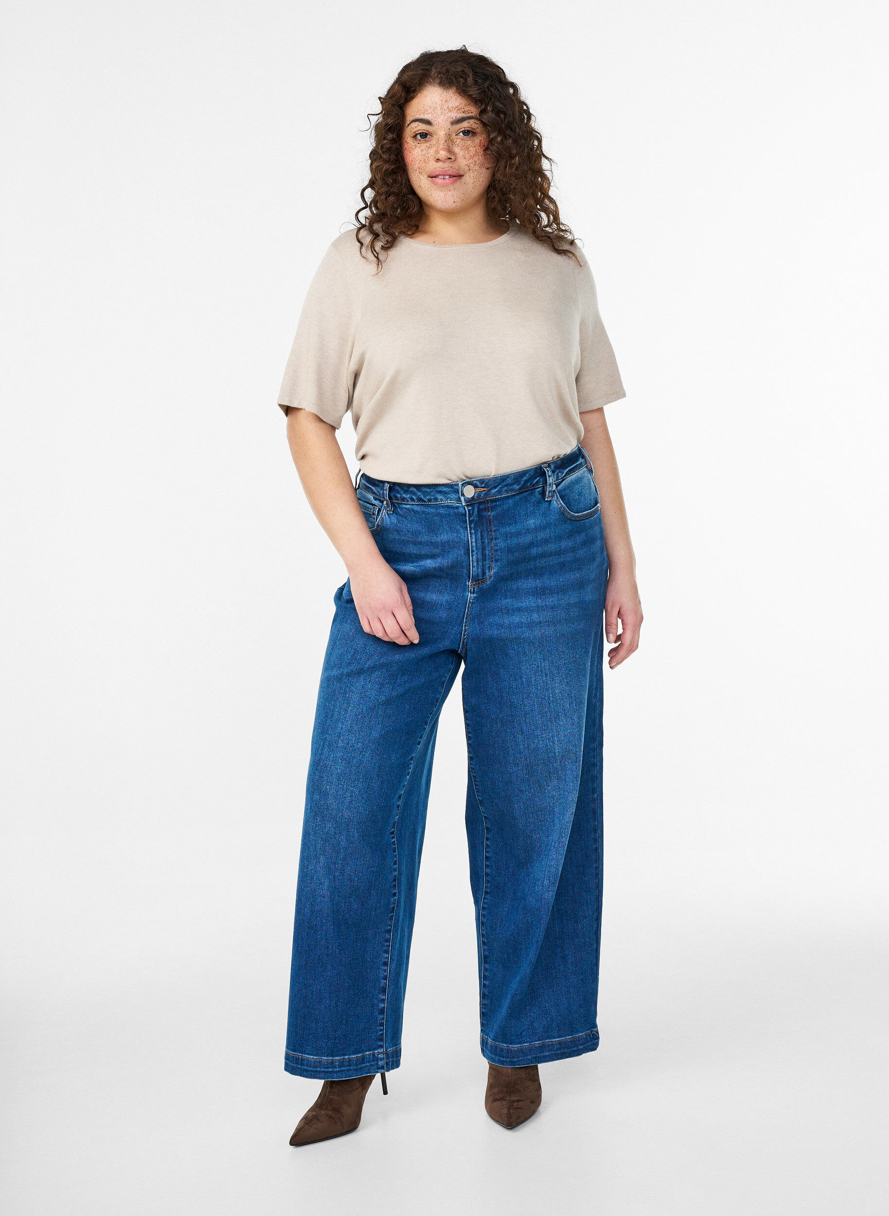 ZizziGebreide blouse met korte mouwen van viscose, Beige, Model image number 1