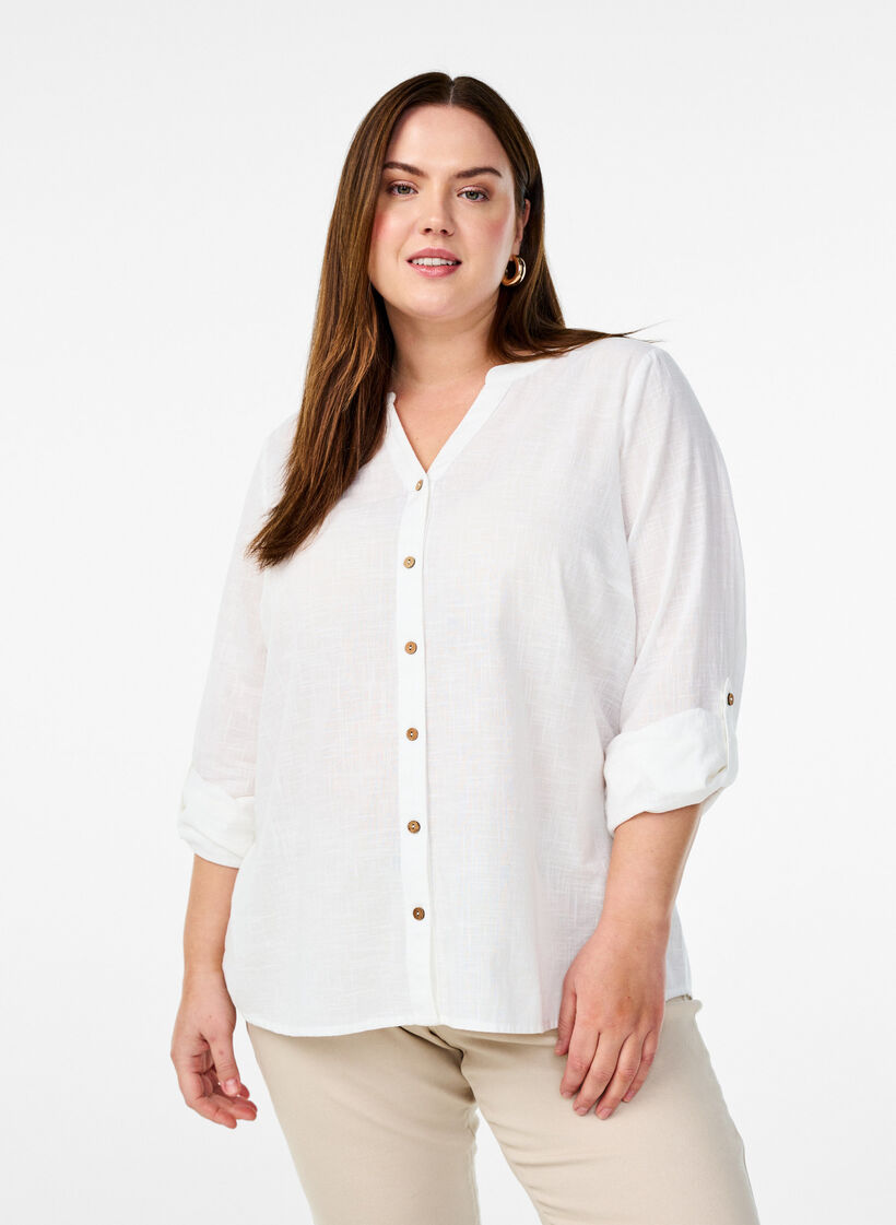 Katoenen blouse met een V-hals, Wit, Model image number 0
