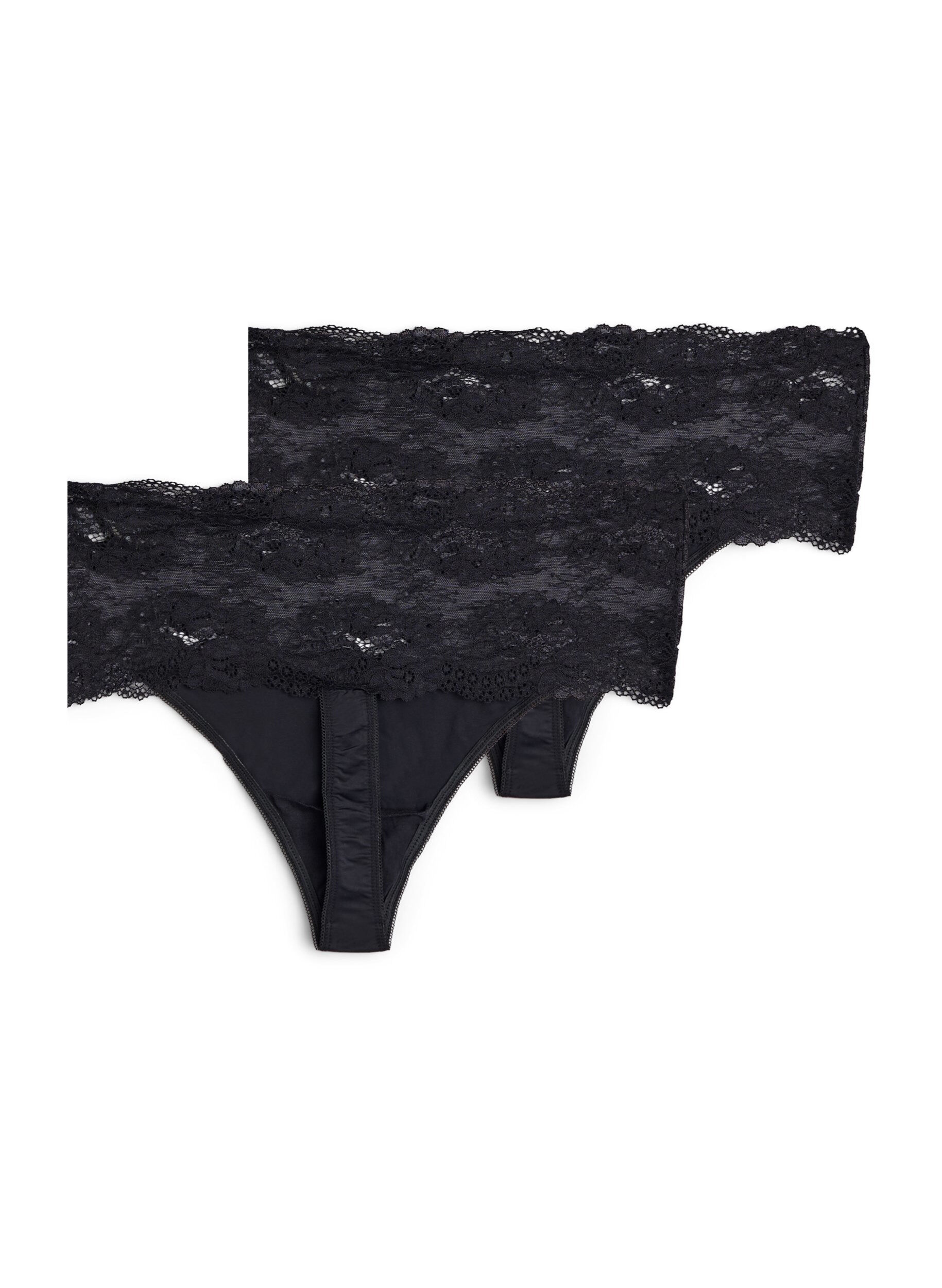 Zizzi2-pack string met brede kanten rand, Zwart, Packshot image number 1
