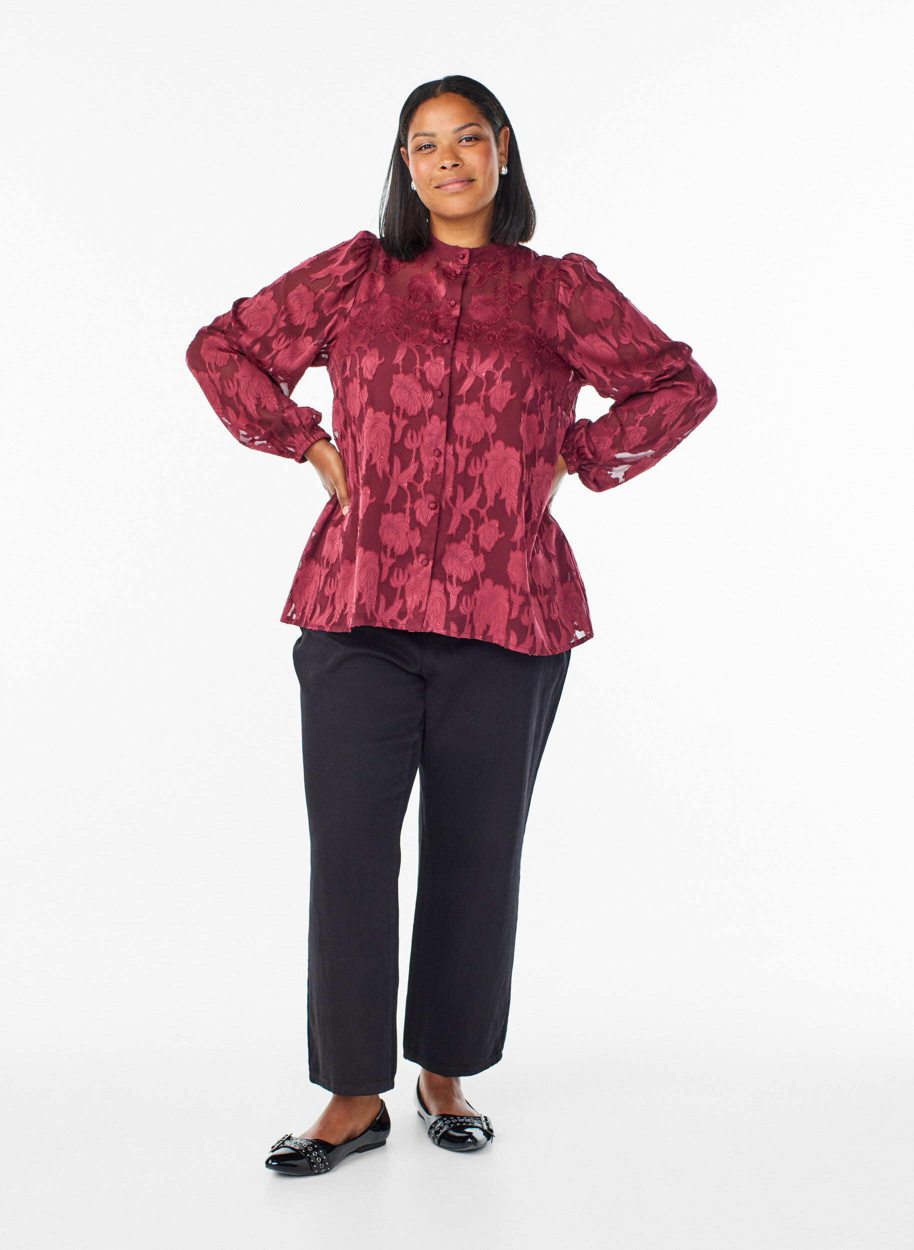 ZizziBlouse met knoopjes en bloemenpatroon, Donker Bordeaux, Model image number 1