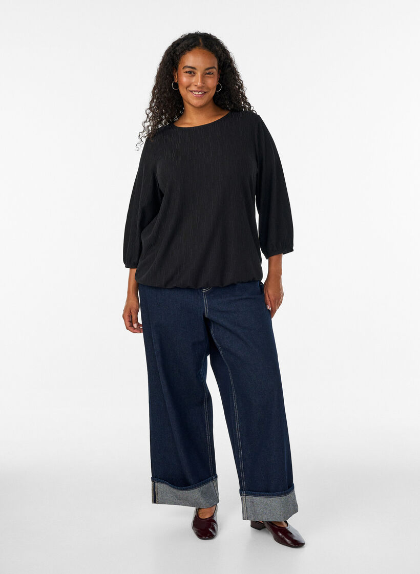 Blouse met textuur en 3/4 mouwen, Zwart, Model image number 1
