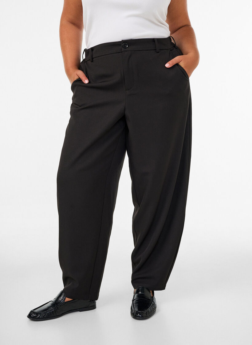 Broek met hoge taille en barrel fit, Zwart, Model image number 0