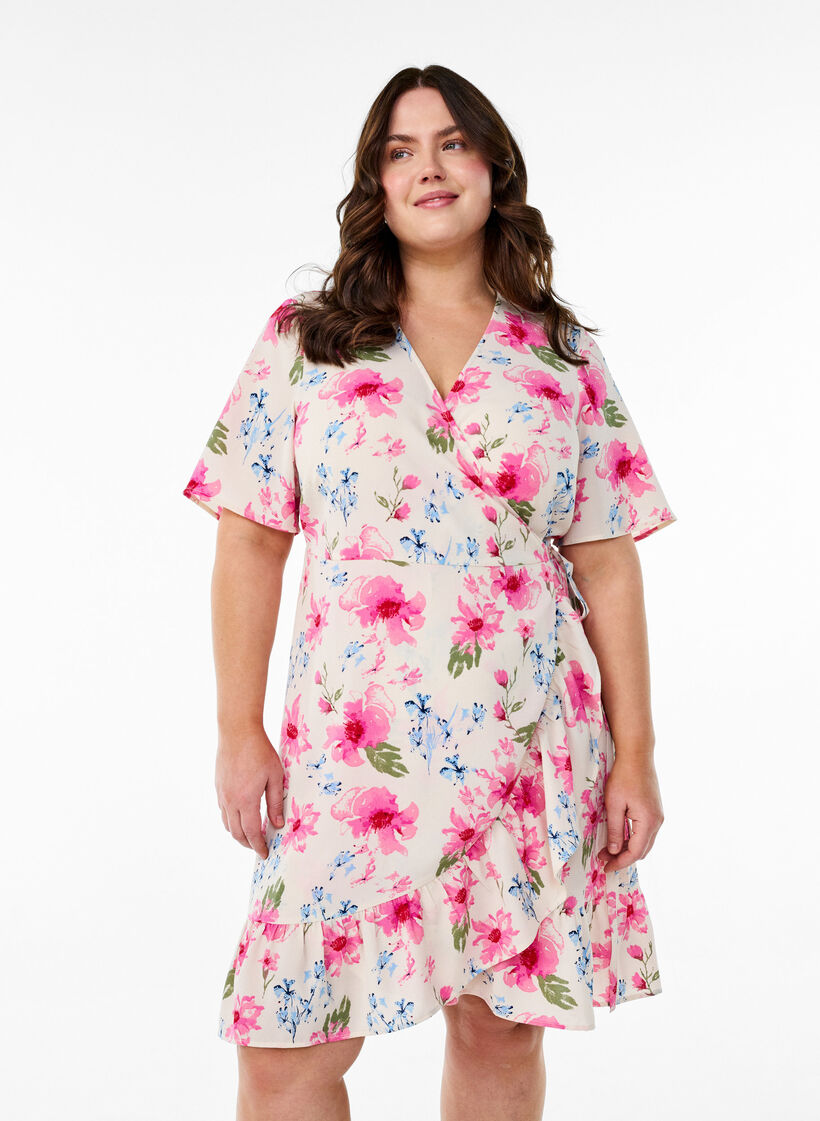 Robe portefeuille &agrave; fleurs et manches courtes, Blanc, Model image number 0