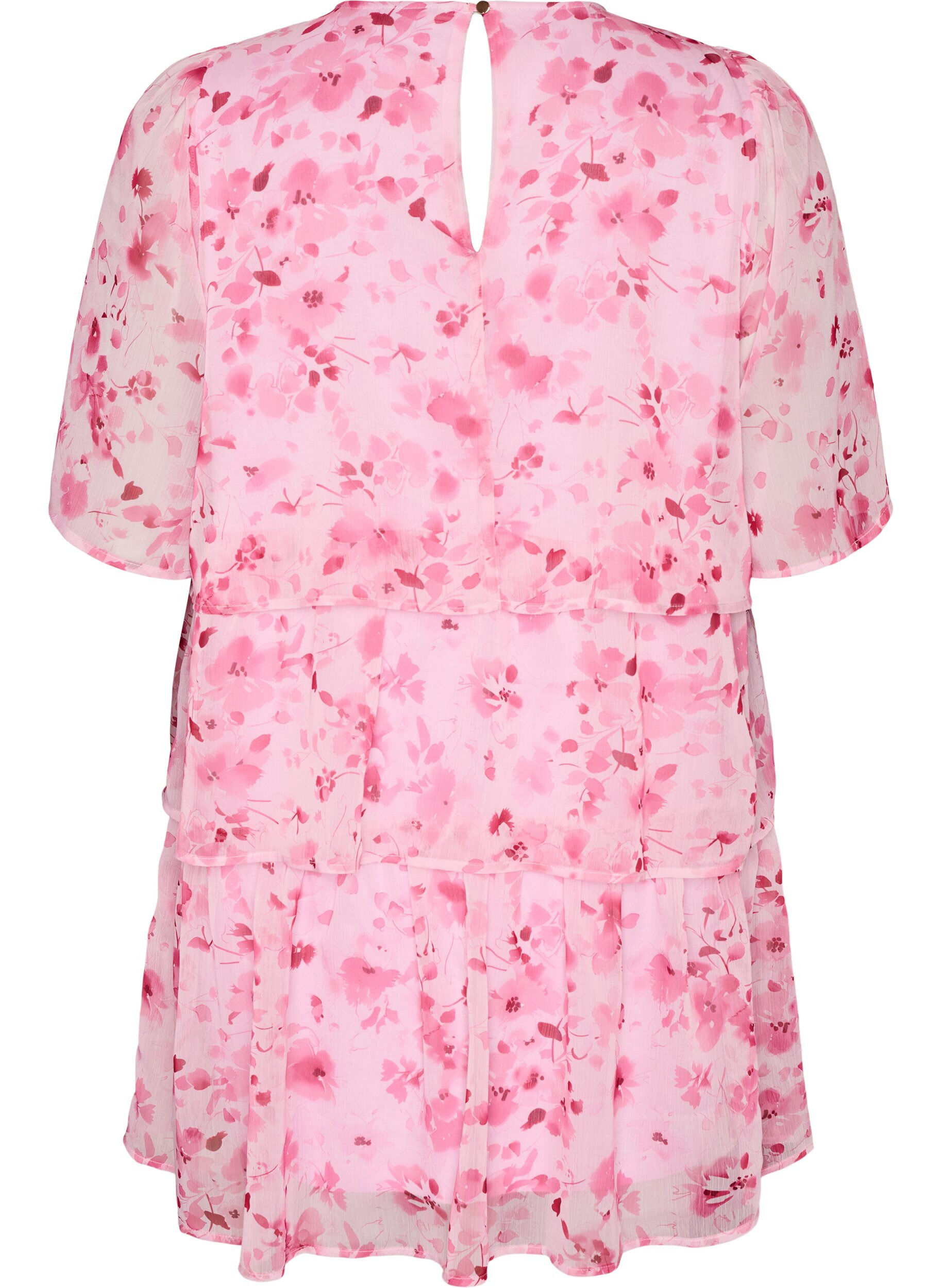 Zizzi Robe courte effet mousseline &agrave; imprim&eacute; floral et volants &eacute;tag&eacute;s, Rose, Packshot image number 1
