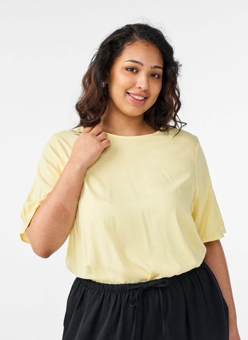Geweven blouse met korte mouwen en ronde hals, Geel, Model image number 0
