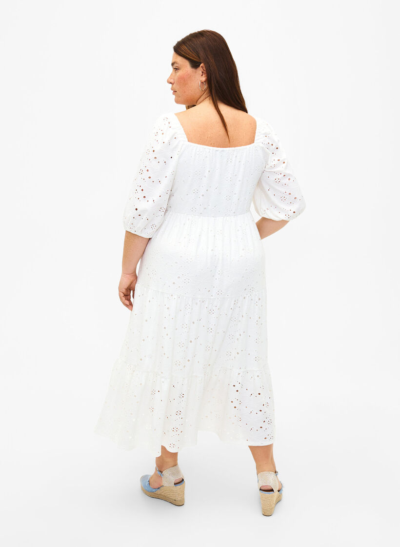 Maxi jurk met kant patroon en een vierkante halslijn, Bright White, Model