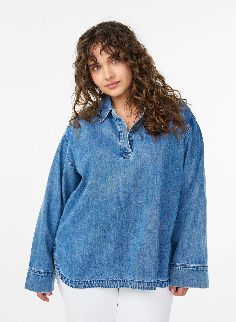Losse denim blouse met kraag en V-hals, Blauw, Model image number 0