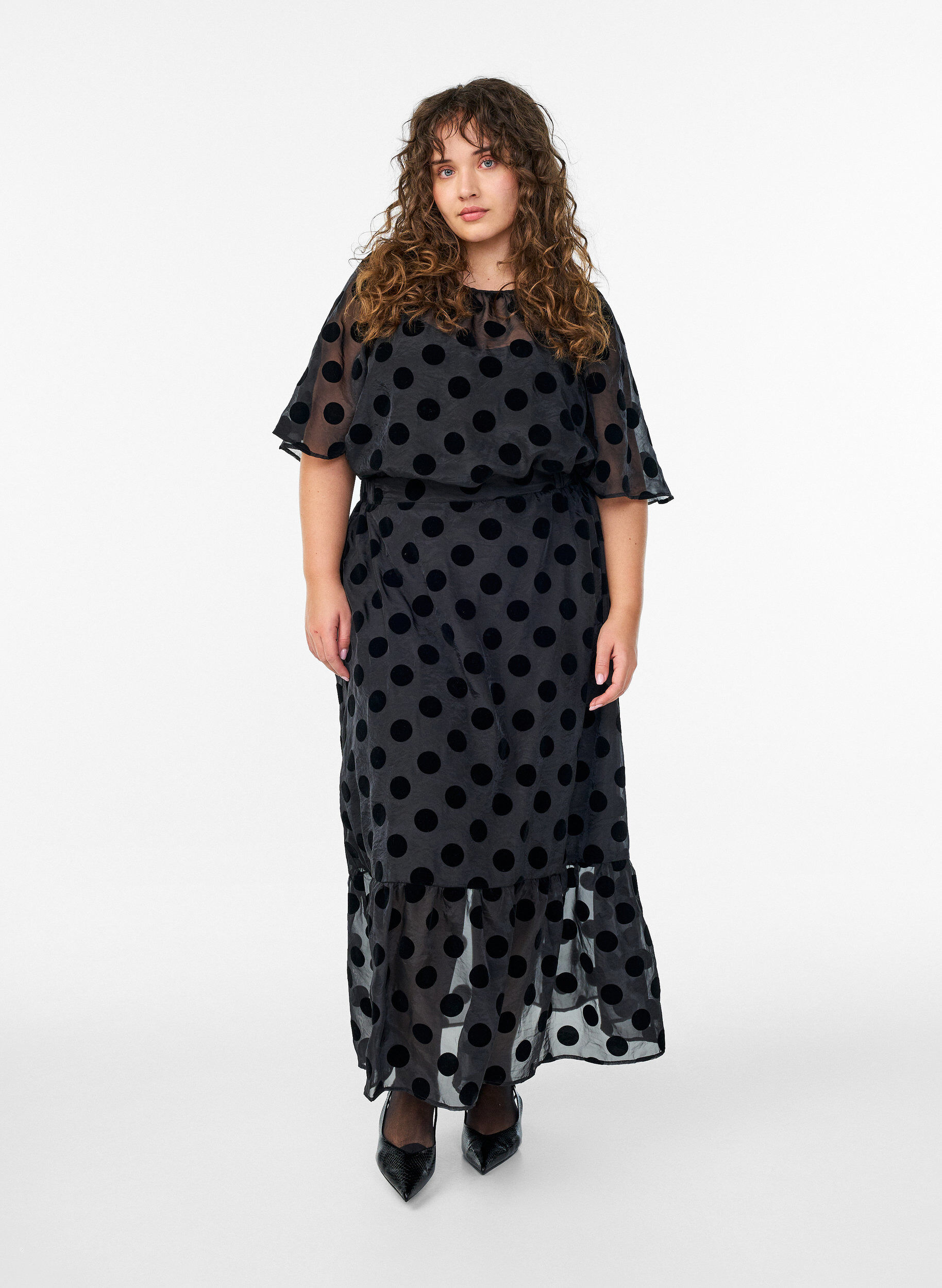 ZizziPartyblouse in organza-look met fluwelen stippen, Zwart, Model image number 1