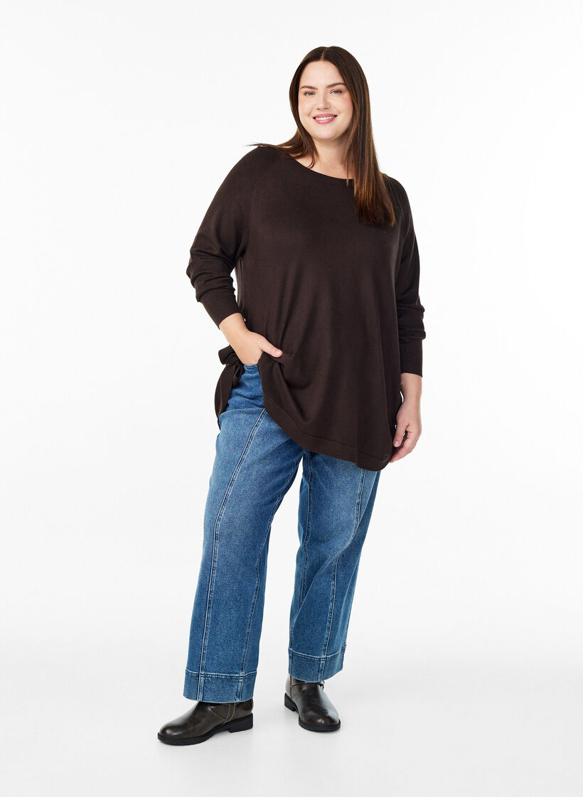 Gebreide blouse met knoopsluiting aan de zijkant, Bruin, Model image number 1