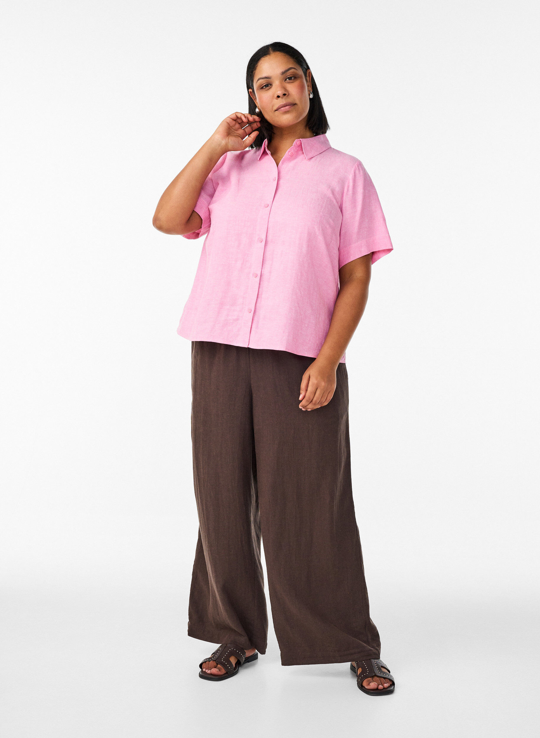 ZizziShirt met korte mouwen in linnen en viscose, Roze, Model image number 1