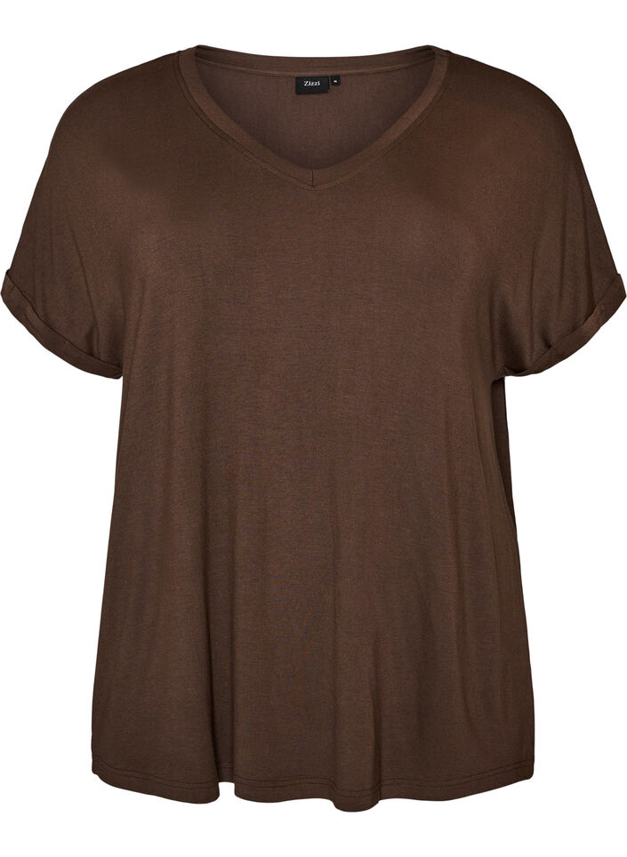 Basic T-shirt met V-hals van viscose, Bruin, Packshot image number 0