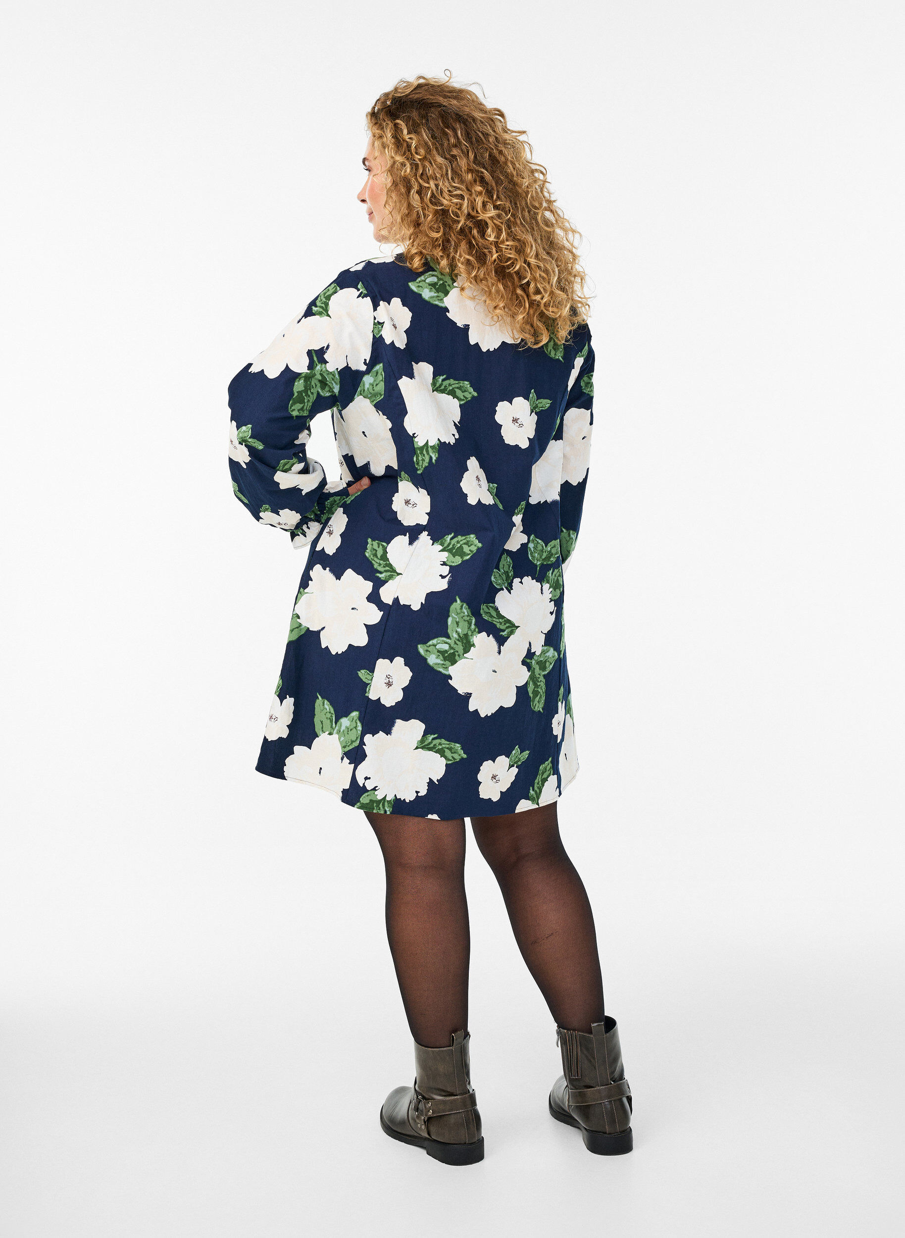 ZizziKorte katoenen jurk met V-hals en lange mouwen, Blauw, Model image number 2