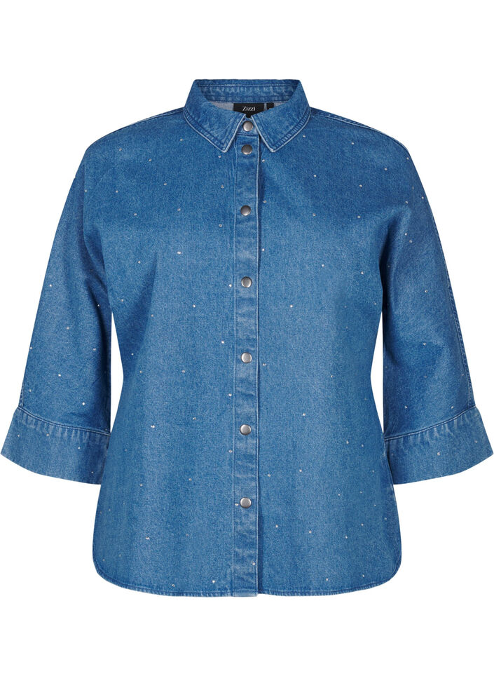 Denim shirt met strassteentjes en driekwartmouwen, Bl. Denim Rhinestone, Packshot image number 0