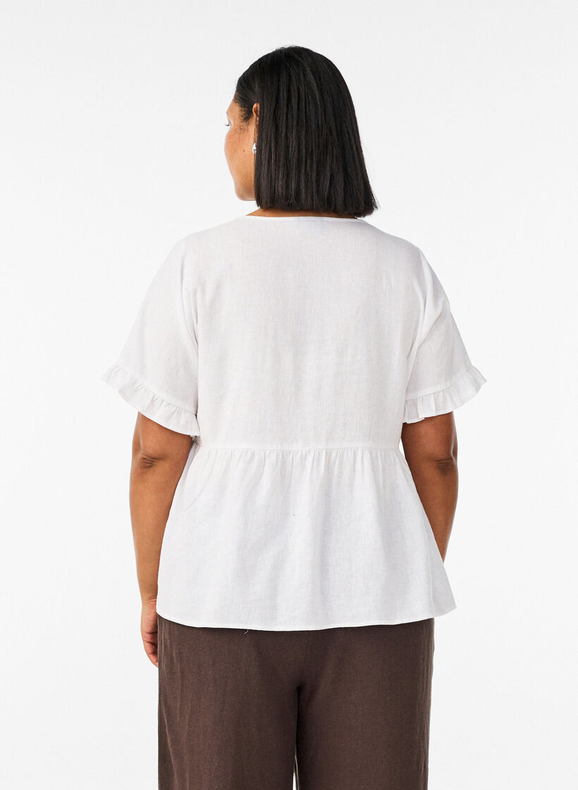 Blouse in linnen en viscose met een V-hals en knoopsluiting, Wit, Model image number 2