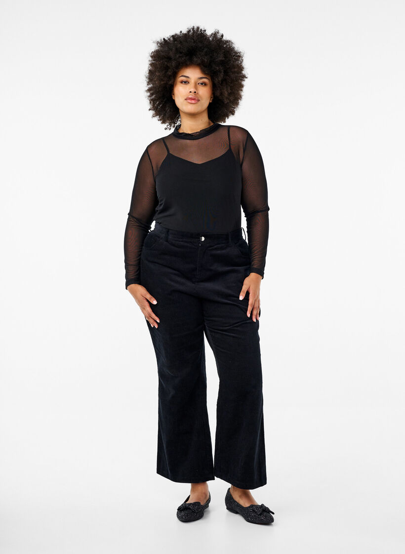 Getailleerde blouse van mesh met lange mouwen, Black, Model