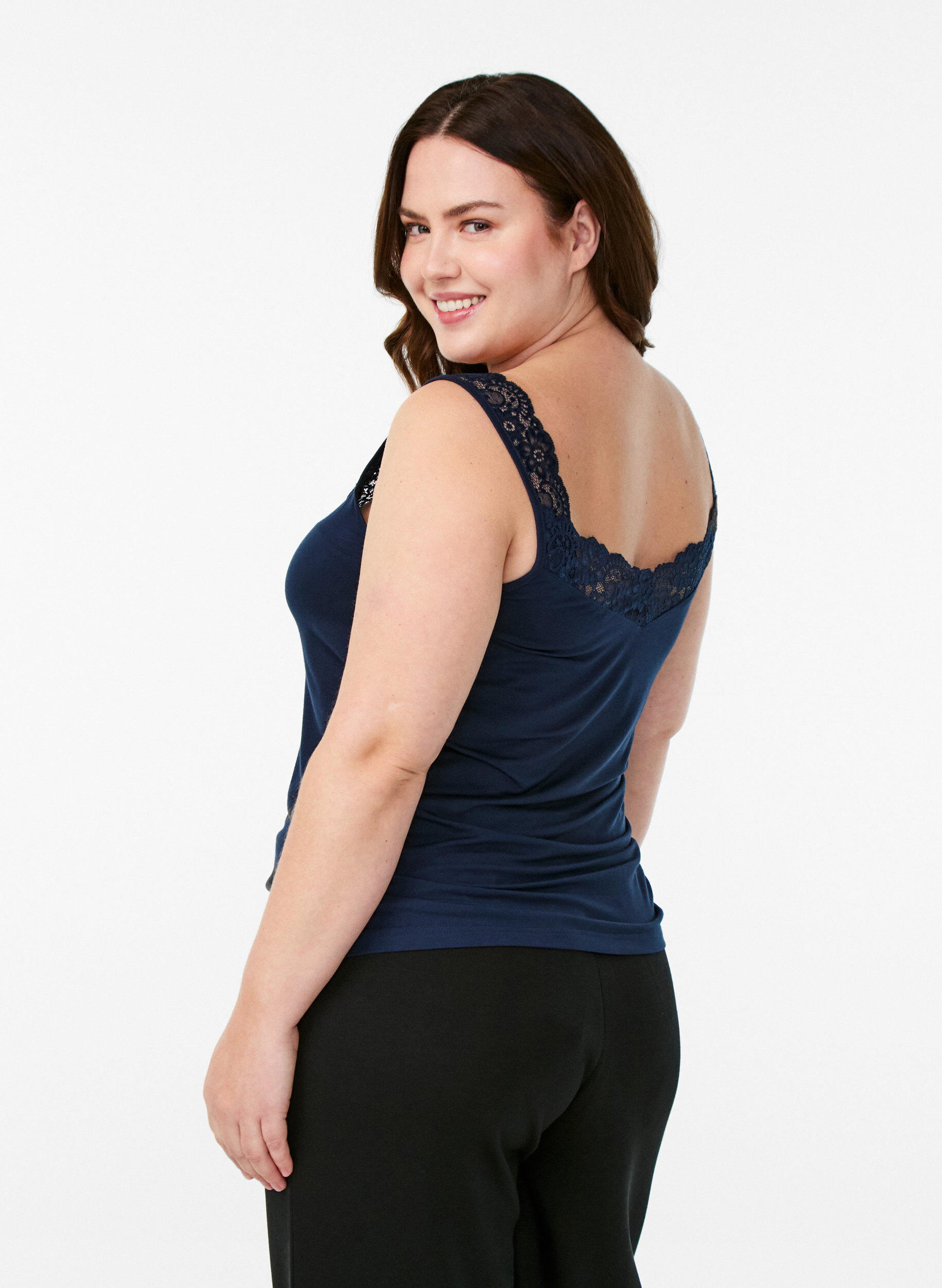 ZizziViscose top met kanten rand, Blauw, Model image number 2