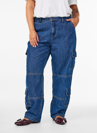 ZizziHigh waist cargo jeans, Blue Denim, Model image number 2
