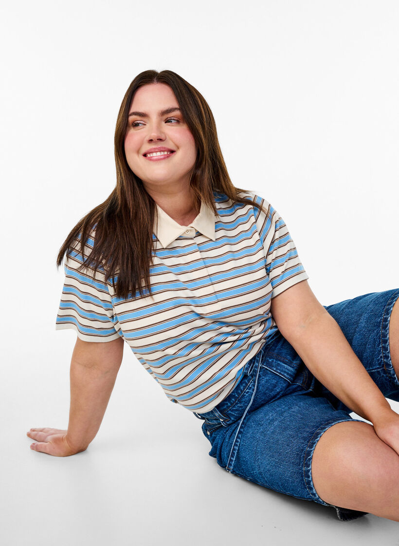Gestreepte poloshirt met korte mouwen, Blauw, Image image number 0