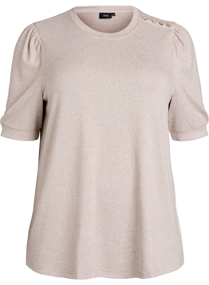 Blouse met knoopdetail en korte pofmouwen, Beige, Packshot image number 0
