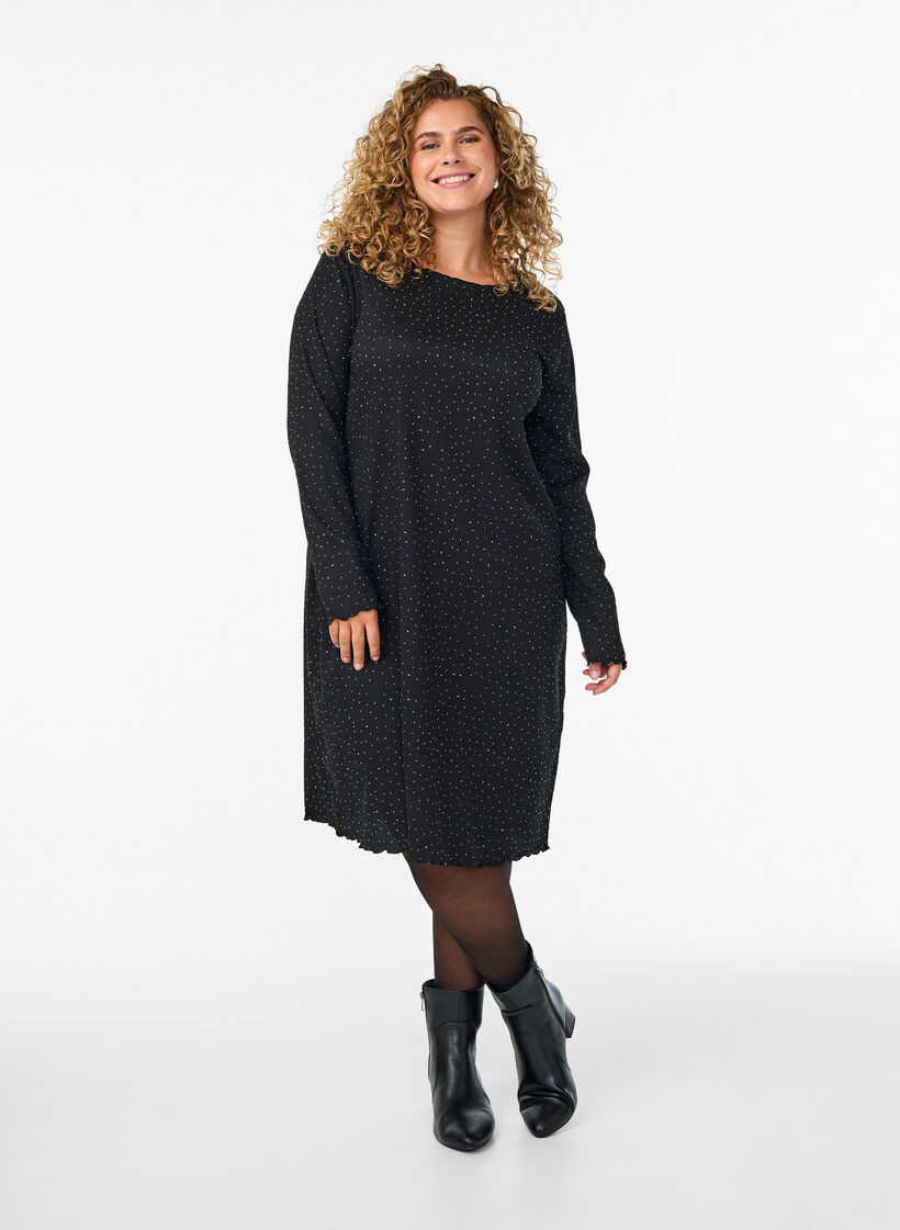 Jurk met strassteentjes en geschulpte randen, Black, Model