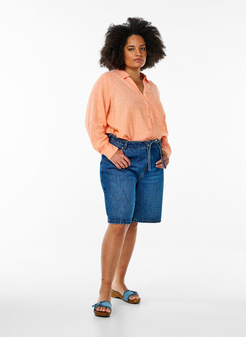 Linnen en viscose shirt met 3/4 mouwen, Oranje, Model image number 1