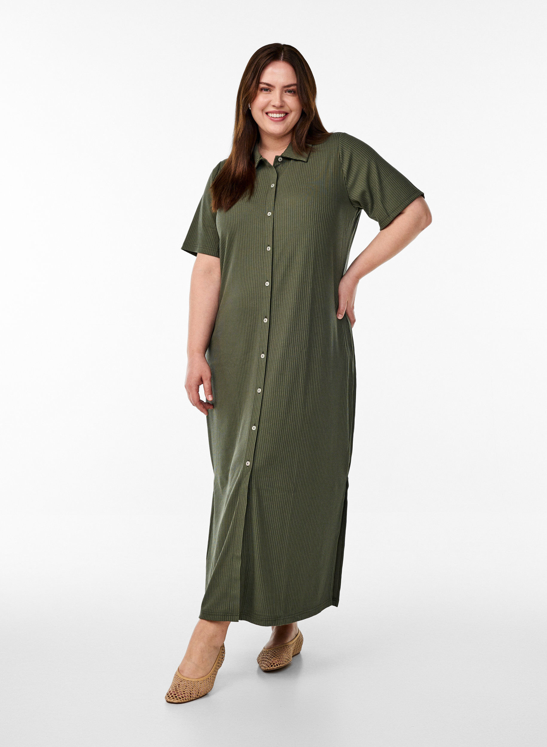 Jersey maxi jurk met kraag en korte mouwen, Groen, Model