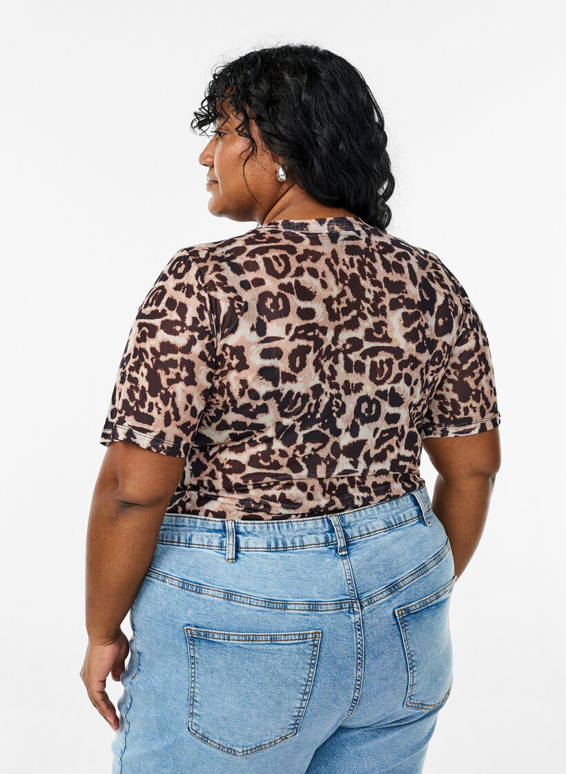 Mesh blouse met korte mouwen, Bruin, Model image number 2