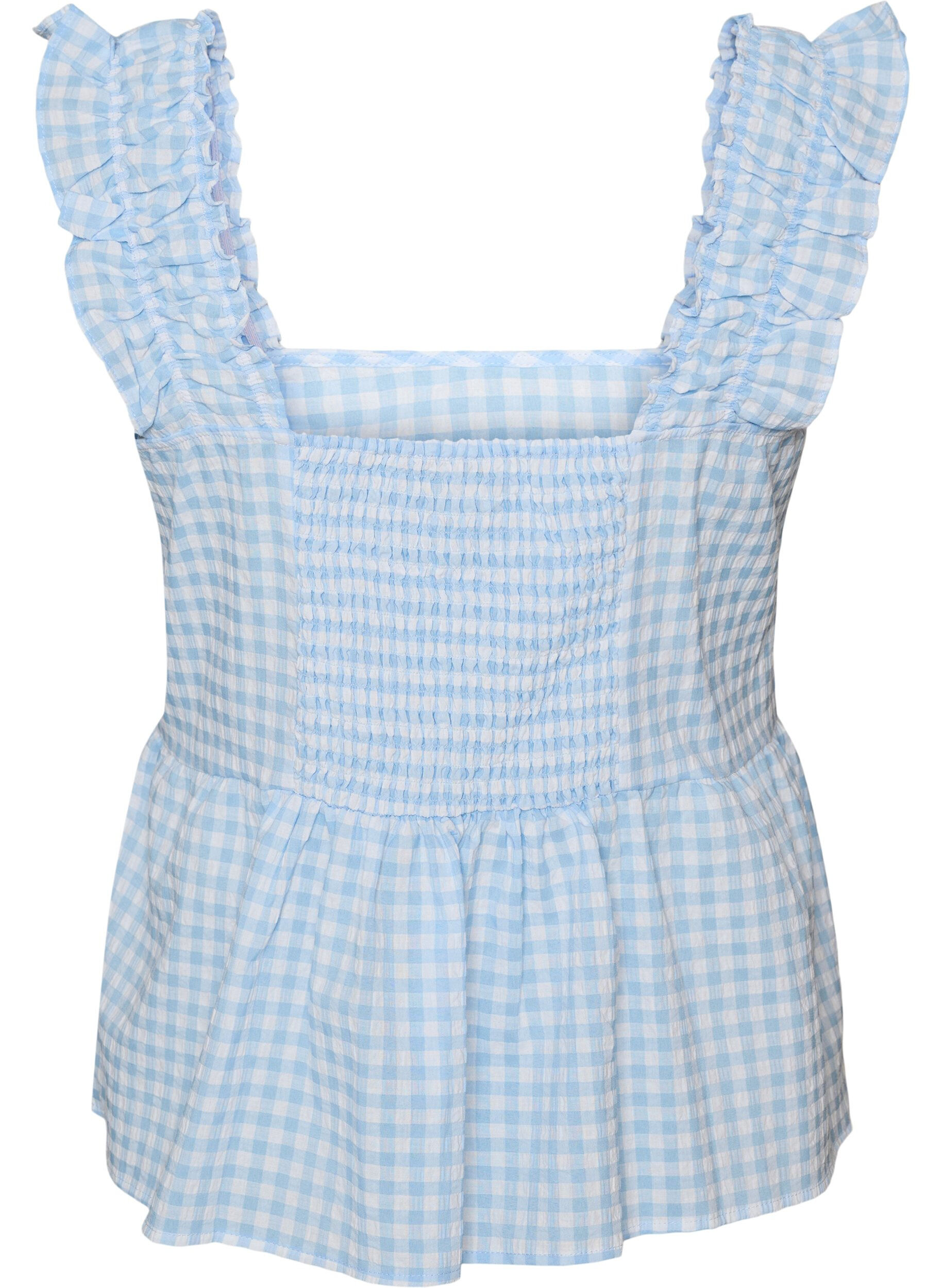 ZizziTop met ruitjes en ruchesdetails, Blauw, Packshot image number 1
